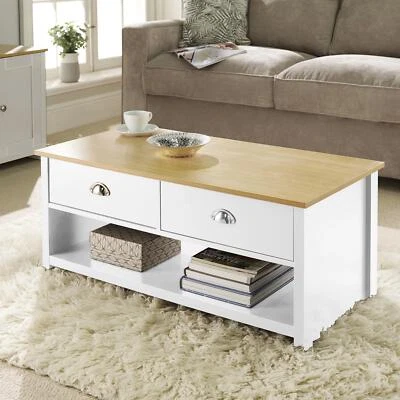 Coffee Table 2 Drawer Oak White Occasional Table D Cup Metal Handles Furniture
