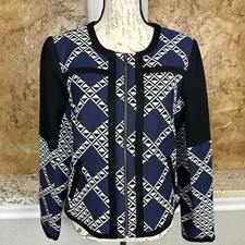 NWT Trina Turk Alvera Bomber Jacket Womens 10 Blue Black Geometric Full-Zip NEW