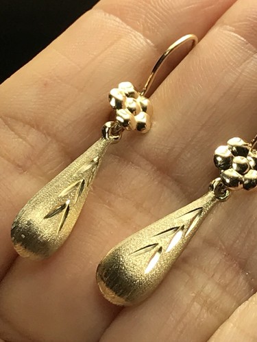 GOLd tearDrop tear drop Earring 14k yellow Dangle Long hang flower 1.35” - Picture 4 of 12