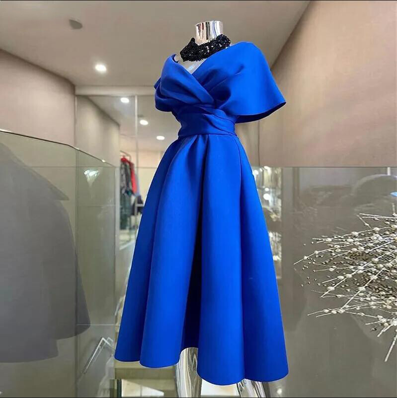 Satin Tea Length Evening Dress For Wedding Off Shoulder Simple Formal Prom  Gowns | eBay