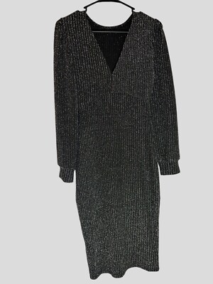 Women's Black Dress Long Sleeve Shiny Metallic Silver, Size Small Bodycon |  eBay