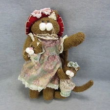 Vintage OOAK Curly Hair Cat Mom with Kitties 18in Plushy Country Primative