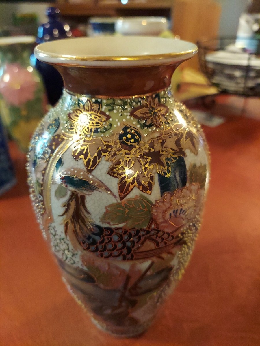 孔雀28 Chinese Porcelain Peacock Vase Matching Pair Gold Accents