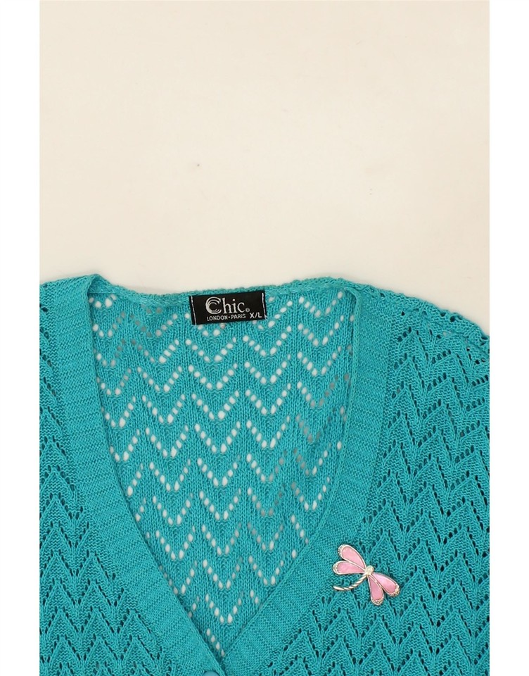 VINTAGE Womens Short Sleeve Cardigan Sweater UK 18 XL Turquoise Cotton