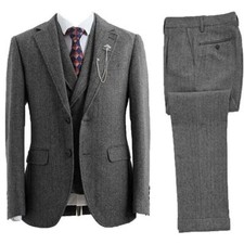 Men Gray Wool Tweed Vintage Herringbone Retro Formal Prom Tuxedo Wedding Suit