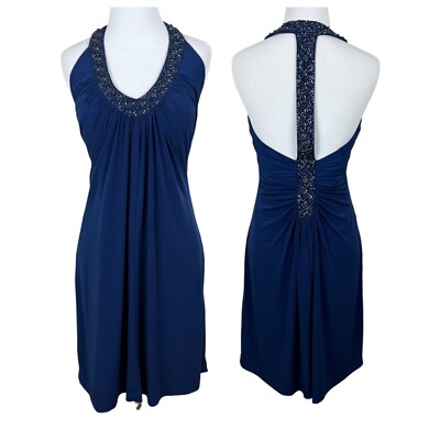 Alex Evenings Dress 4P Navy Blue Halter Pleated Beaded V-Neck Padded Bust  Party | eBay