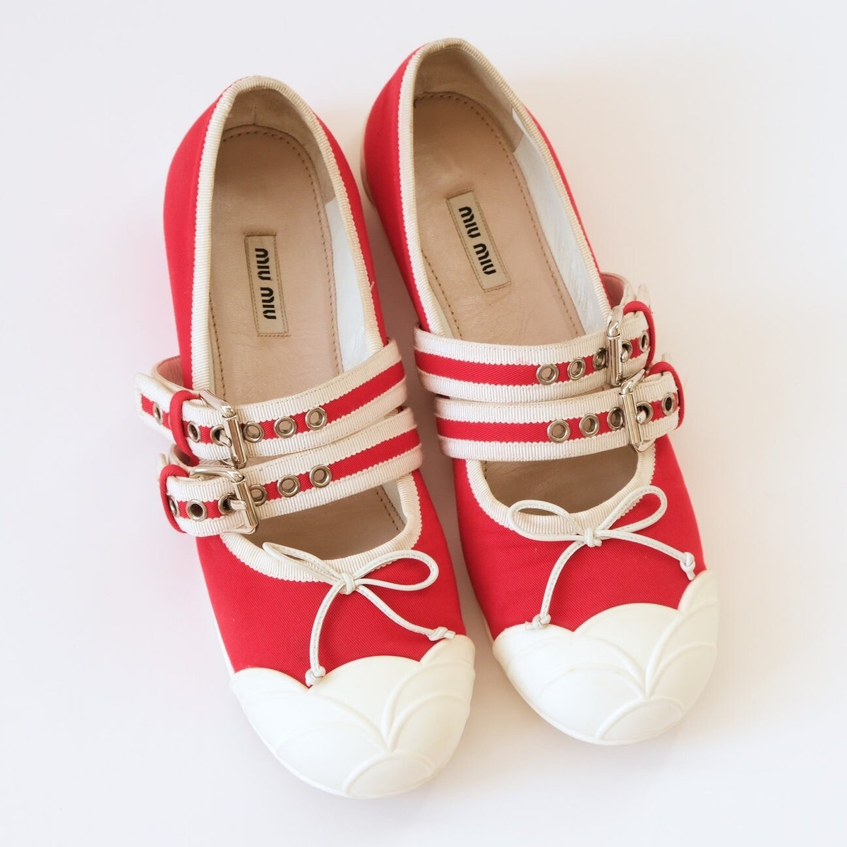 Miu Miu Ballet Flats Red White Cute Mary Jane Flat Shoes Women US