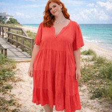 Lucky Brand Gauzy Midi Dress Women Plus 3X Coral Tiered Casual Coastal Beach NWT
