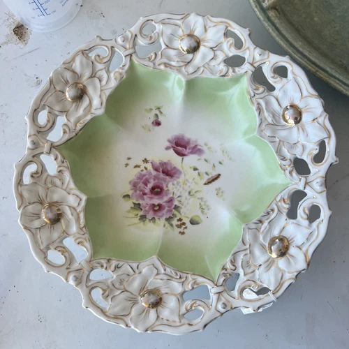 Rudolf Wachter RW Bavaria Floral Bowl Pink Yellow Oversized Gold Tone