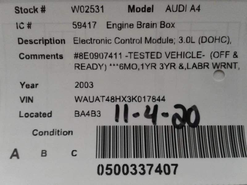 Motor Computadora ECM ECU PCM Módulo 2002-2003 AUDI A4 3.0L 8E0907411 Foto 4 de 4