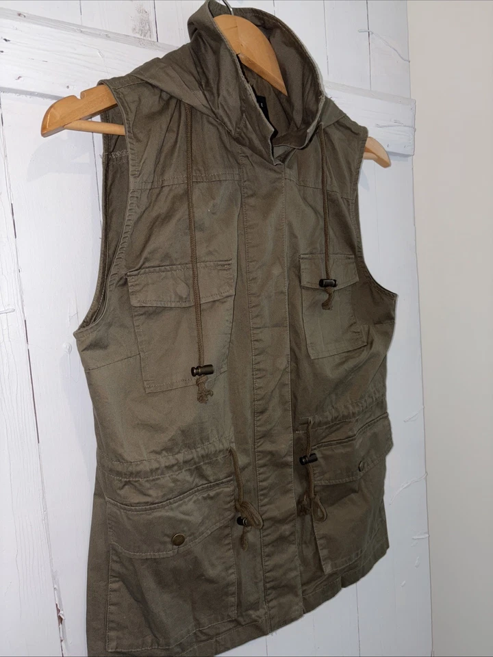 Chaleco de carga utilitario Love Tree verde oliva con capucha para mujer talla mediana 100 % algodón Foto 4 de 4