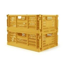 2 PCS Plastic Storage Crates Stackable Foldable Box Bin Golden Yellow L