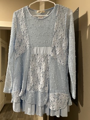 New Indigo Soul Women s Light Blue Cottagecore Lace Floral Long Sleeve Top Sz S