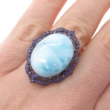 925 Sterling Silver Real Cabochon Larimar  Amethyst Ring Size 6.25