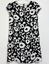 LOFT Women's 4P Petite Black/Navy White Geometric Shift Knee Dress Lined Zip