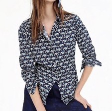J. Crew Perfect Shirt Blouse in Elephant Print Navy Size 8