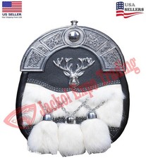 Scottish Handmade White Fur Stag Head Leather Kilt Sporran with 3 Tassels
