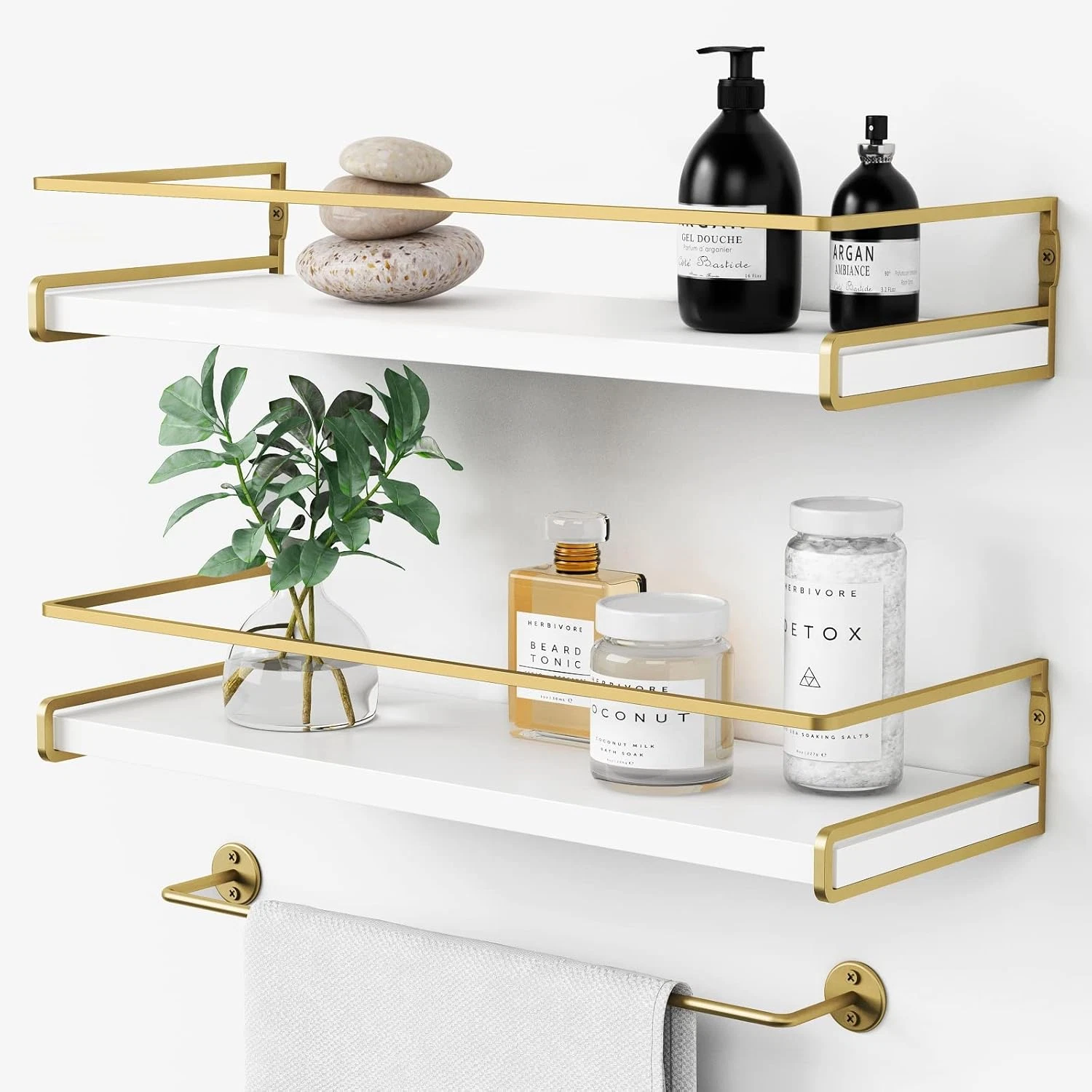2pcs Floating Bathroom Shelves Wall Mounted, Aesthetic White and Gold Shelves