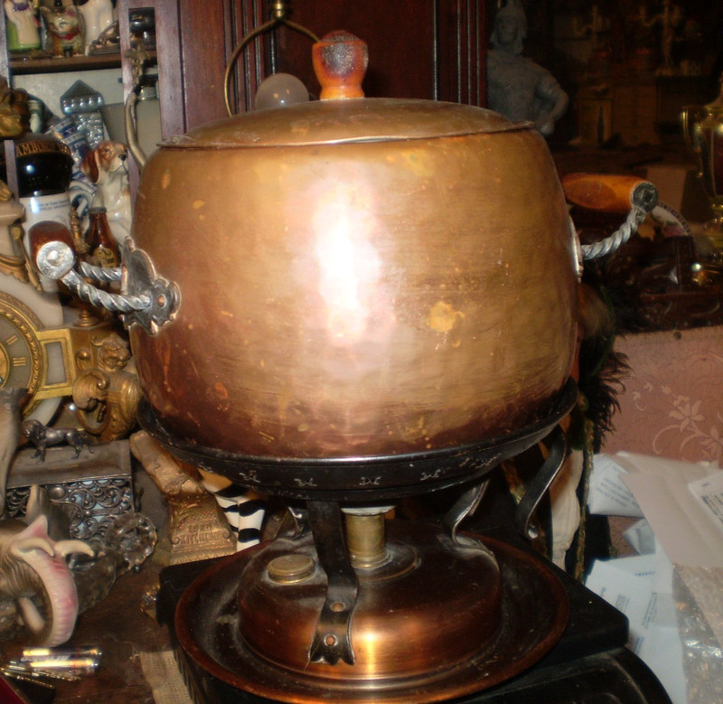 Vintage Netstal Swiss hammered copper fondue pot with warming stand and burner