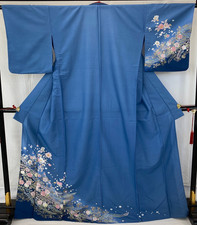 Japanese Vintage Kimono Polyester Blue No Lining Traditional Length 65 in