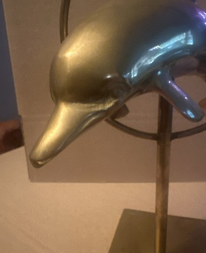 Vintage Brass Dolphin Jumping Through Hoop MCM Mid Gold 11" Nautical Sculpture - Picture 3 of 7