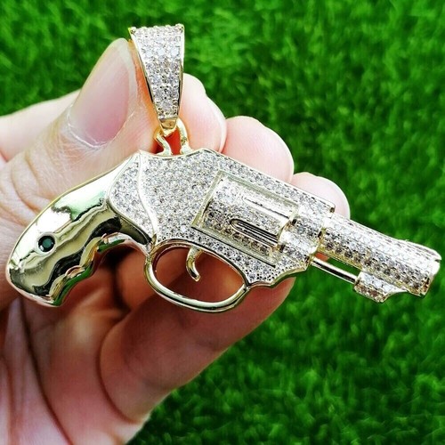 2Ctw Lab Created Diamond Men's Big Revolver GUN Pendant 14K Yellow Gold ...