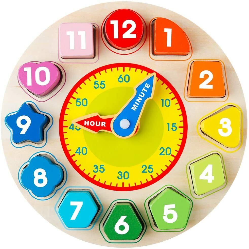 Coogam Wooden Shape Color Sorting Clock – Learning Toy Gift for 3 Year Old Kids