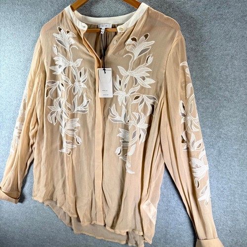 Reiss Jodie Lace Shirt Women's 12 Nude Long Sleeve Mandarin Collar Embroidered - Picture 7 of 14