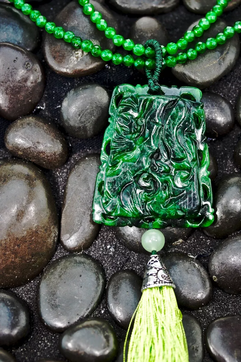 Dark Green Carved Jade Pendant Long Necklace Jadeite Bead Choker Hand Carved Gem