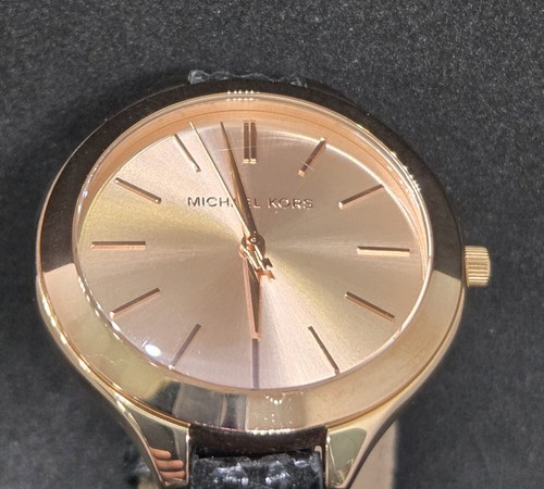 Michael Kors Runway MK2322 Women's Rose Gold Dial Black Leather WrapWatch JK438