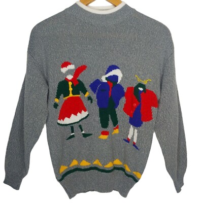 Vintage 1988 Knit Works Sweater Medium Winter Fashion Gray Red Blue Korea Retro