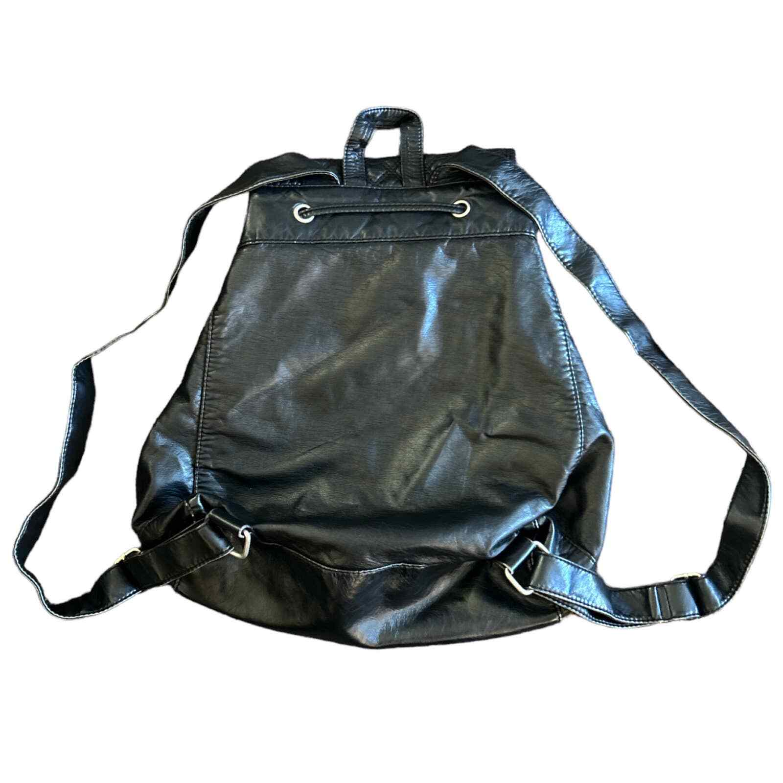 Black Leather Drawstring Mini Backpack With Pocke… - image 2