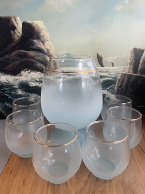 West Virginia Glass MCM Blendo Blue Ombre Frosted Glass Pitcher & 6 Glasses-WOW