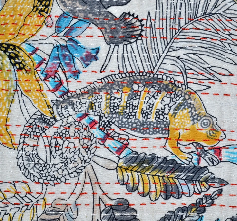 Queen Bedcover Handmade Bed Sheet Indian Kantha coverlet Cotton Throw Bedspread - Image 2 of 4