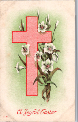 Vintage Postcard Easter Cross With White Blossoms And Green Leafy Decoration