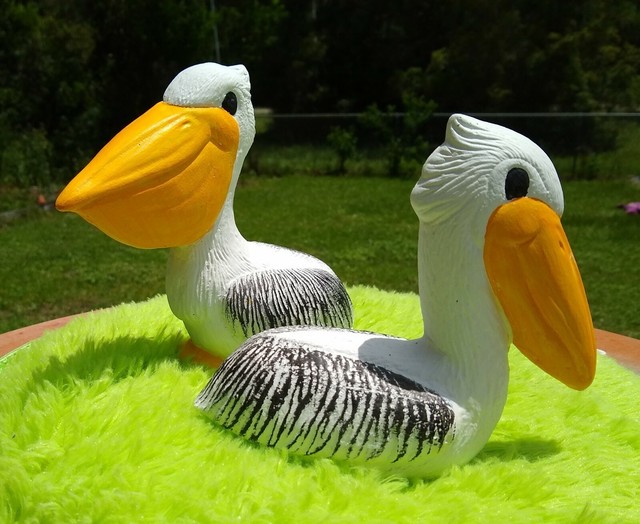 BABY PELICAN STATUE PAIR (2) HAND PAINTED CONCRETE CEMENT PENSACOLA, FL
