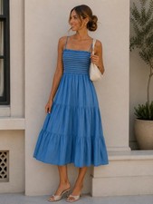 American Eagle Maxi Dress Womens L Smocked Tiered Chambray Coastal Granddaughter