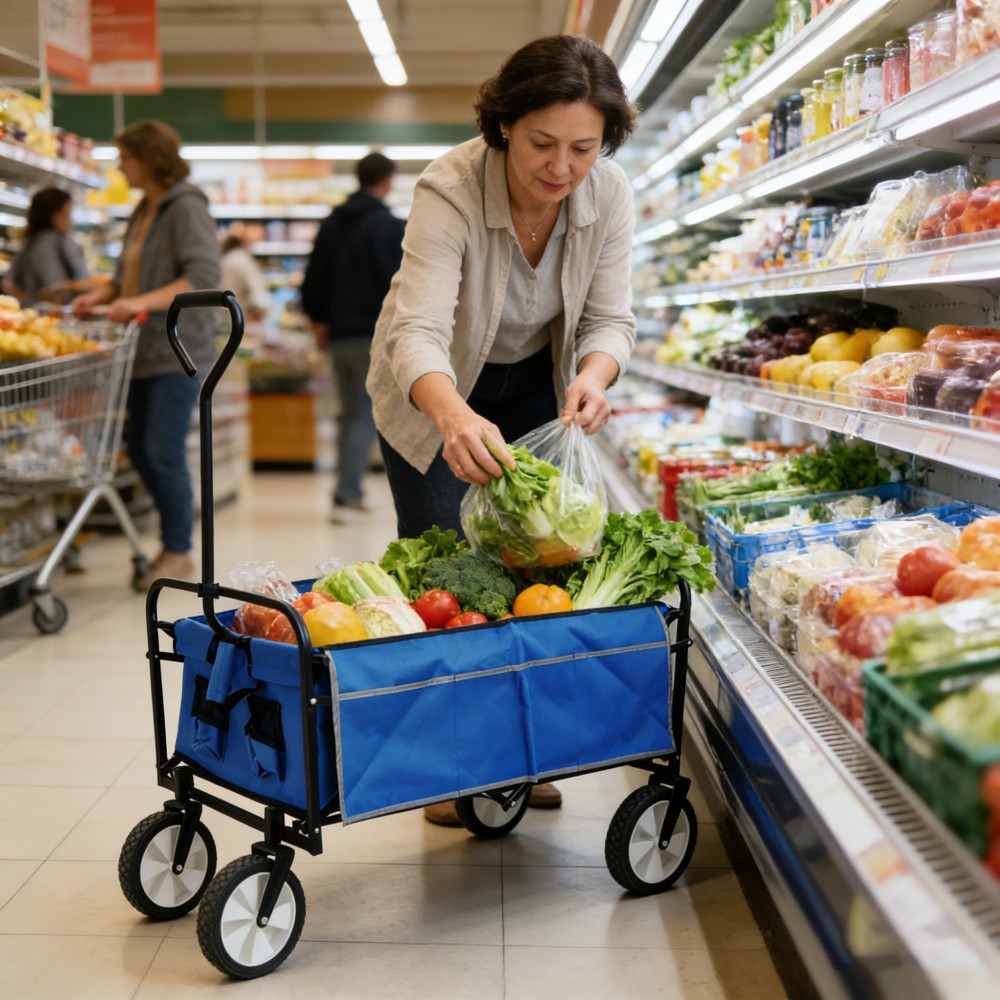 Blue Folding Wagon Garden Shopping Beach Cart Portable Utili
