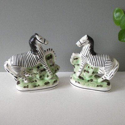 Victorian Staffordshire Flat Back Zebras Pair 19th Century Figures Ornaments