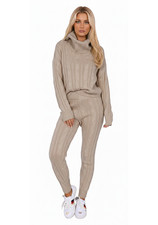 Women's Chunky Cable Knitted High Roll Neck Top Co ord Loungewear Tracksuit Set