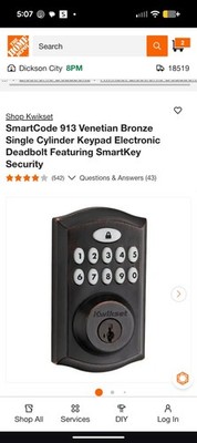 Kwikset SmartCode 913 Keyless Entry Motorized Single Cylinder Deadbolt Bronze