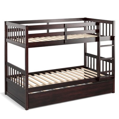 Costway Twin Over Twin Bunk Bed w/ Twin Trundle Solid Wood Frame Espresso