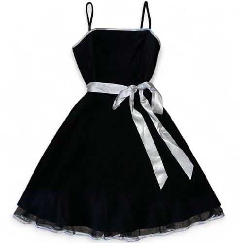 Vintage Masquerade Y2K Black Cocktail Dress Silver Satin Bow Tie Mesh Hem Small