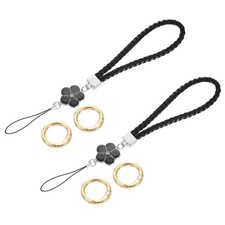 2Pcs Wristlet Lanyards 4.7" Leather Keychain Strap with Flower Charm Black