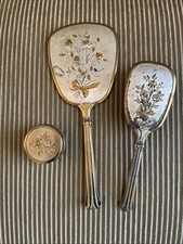 Vintage 3 Piece Vanity Set Handheld Mirror, Brush, Jar
