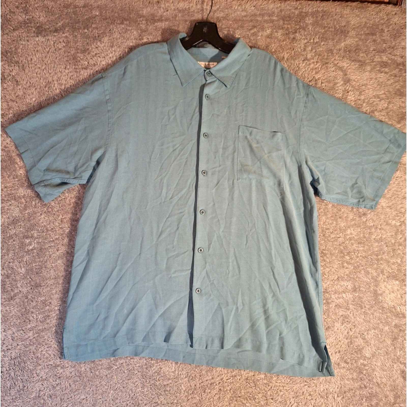 Silk Icon Collection Mens Button Up Striped Shirt XXL Blue Silk Short Sleeve