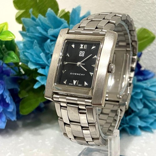 GIVENCHY Square Roman Watch Black Stainless Steel Quartz Timepiece