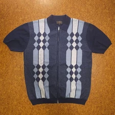 LNWOT BEAMS Plus Japan Ramie Cotton Argyle Full Zip Knit Polo Navy Size XL
