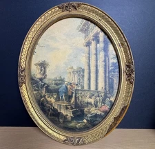 VTG Large Roman Ruins Greek Columns Oval Art Print Gold Frame patina Victorian