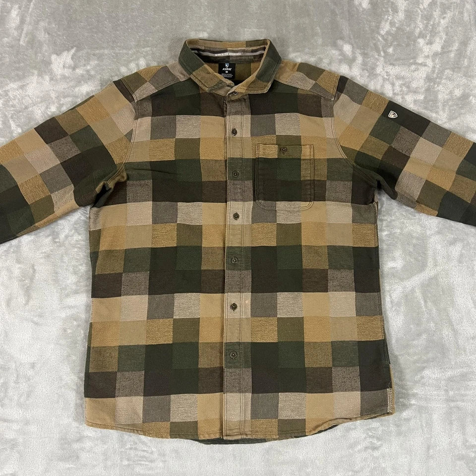 KUHL Flannel Shirt Mens Medium Green Tan Plaid Long Sleeve Button Up 7336 - Image 4 of 4